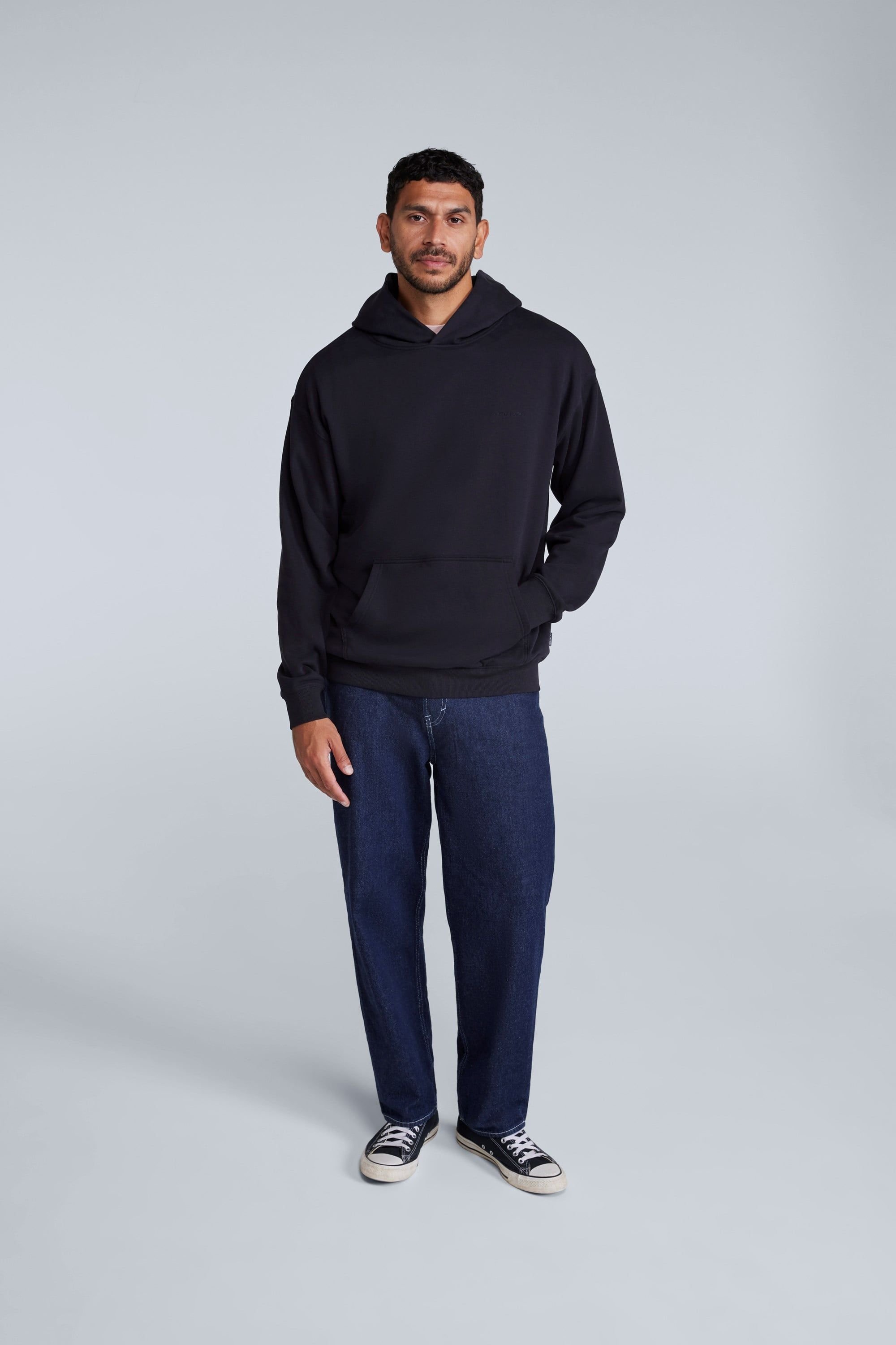 Animal Animal Men's 'Icon' Logo Print Kangaroo Pocket Cotton Snug Fit Drop Shoulder Hoody in Jet Black - 3