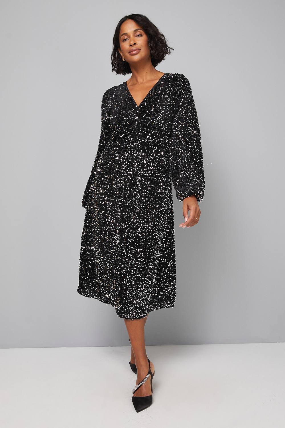 Wallis Wallis Women's Sequin Velvet Twist Midi Dress in Black - 2