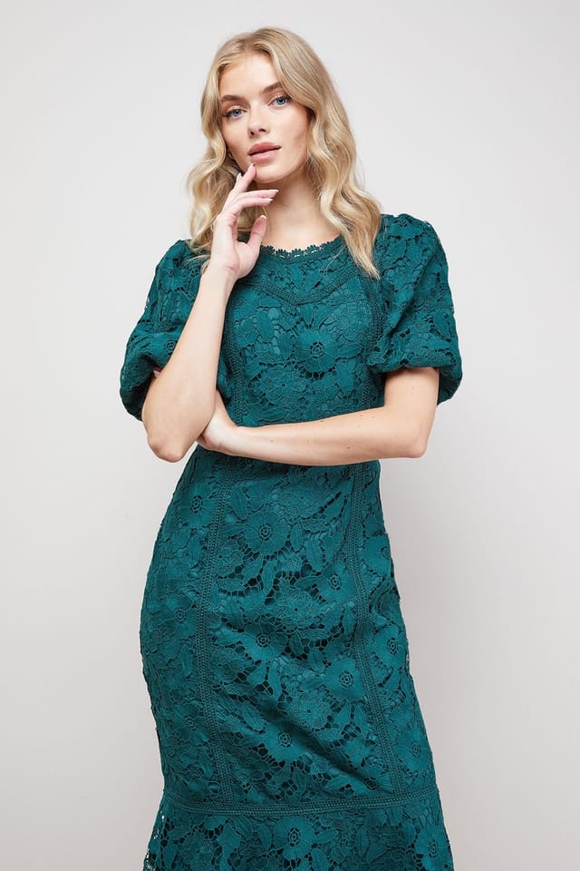 Oasis Oasis Women's Lace Trim Detail Puff Sleeve Peplum Midi Dress in Green - 2