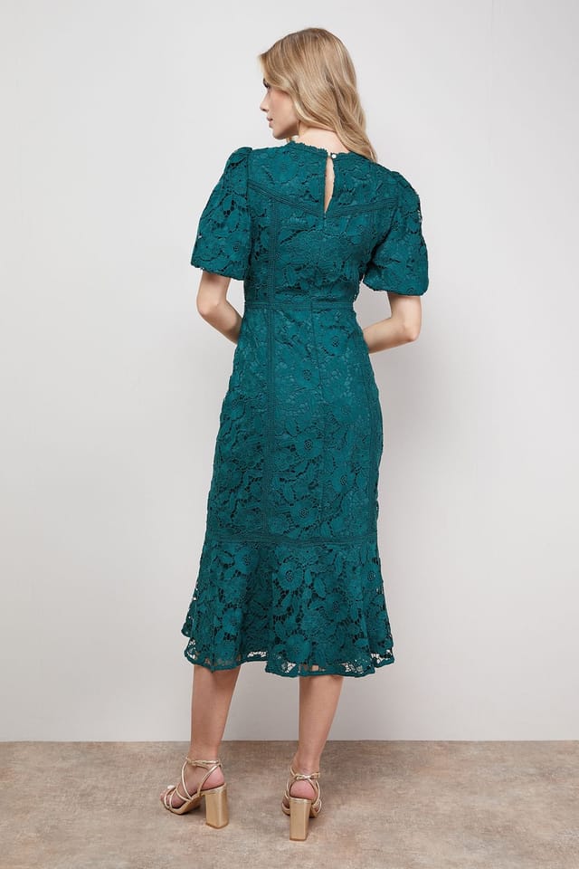 Oasis Oasis Women's Lace Trim Detail Puff Sleeve Peplum Midi Dress in Green - 3
