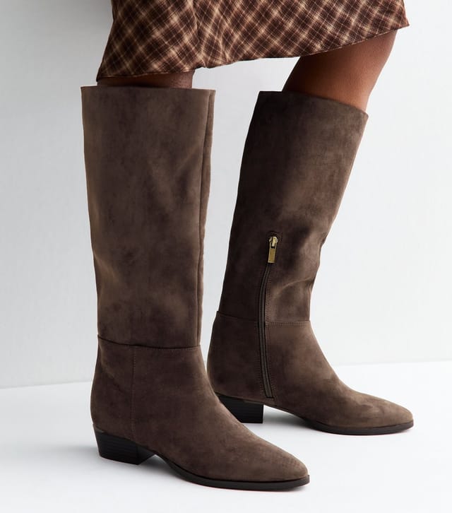 New Look Women's Brown Faux Suede Almond Toe Tall Boots Vegan New Look - 2
