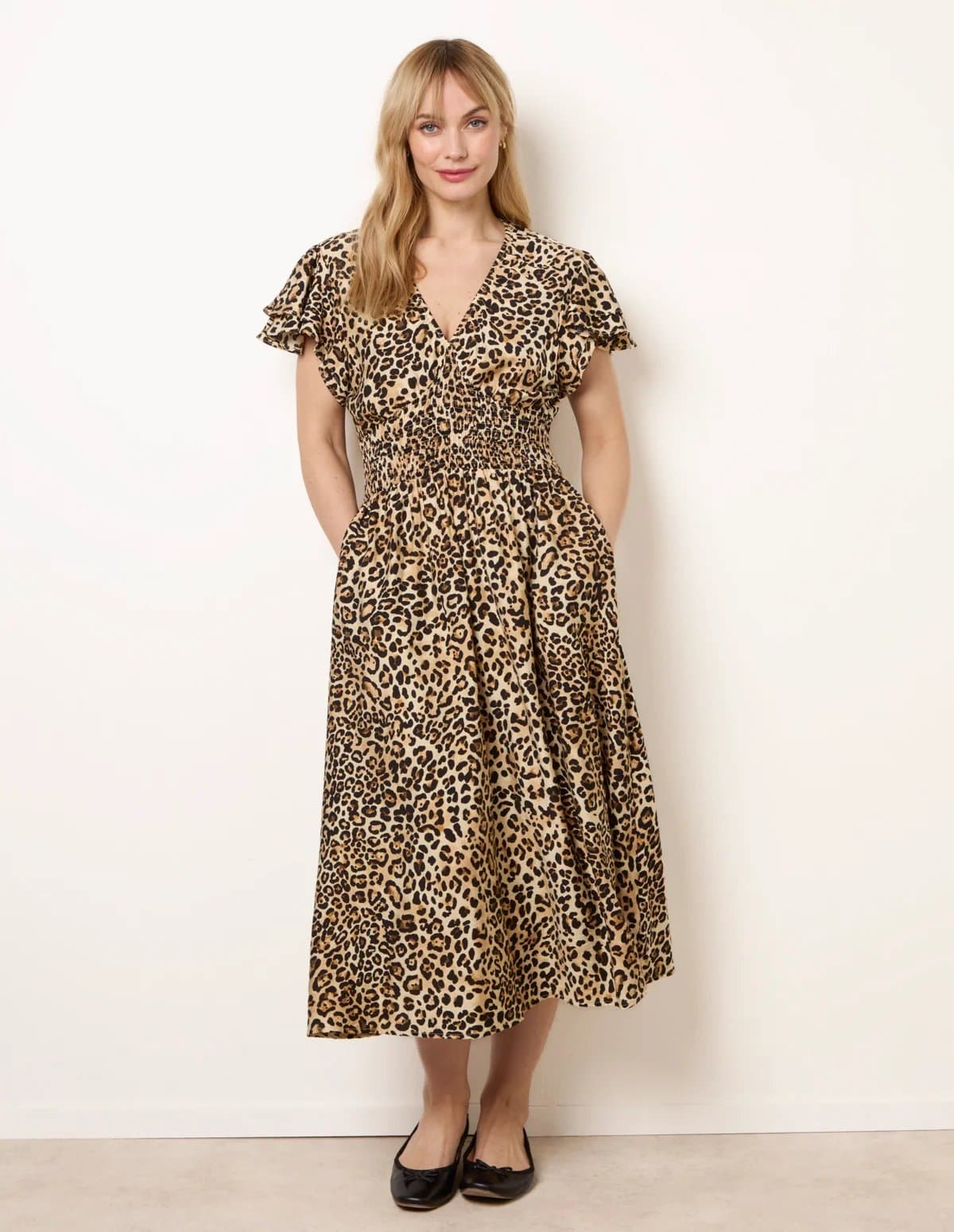 Blue Vanilla Animal Double Frill Shirred Waist Midi Dress