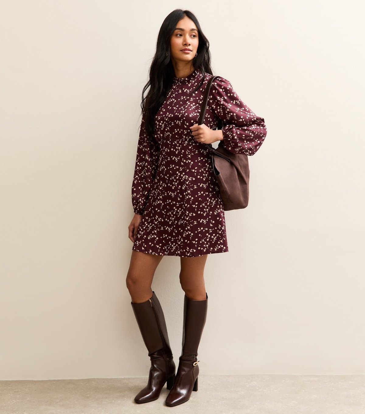 New Look Women's Burgundy Ditsy Speckled Long Sleeve Satin Mini Dress New Look