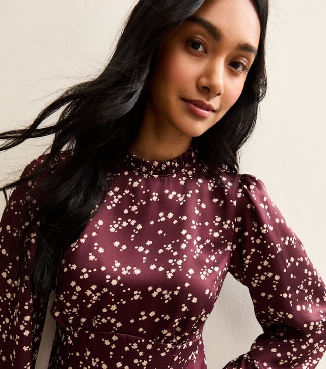 New Look Women's Burgundy Ditsy Speckled Long Sleeve Satin Mini Dress New Look - 2