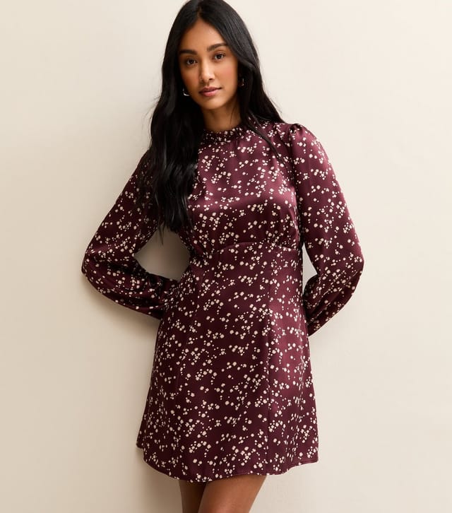 New Look Women's Burgundy Ditsy Speckled Long Sleeve Satin Mini Dress New Look - 3