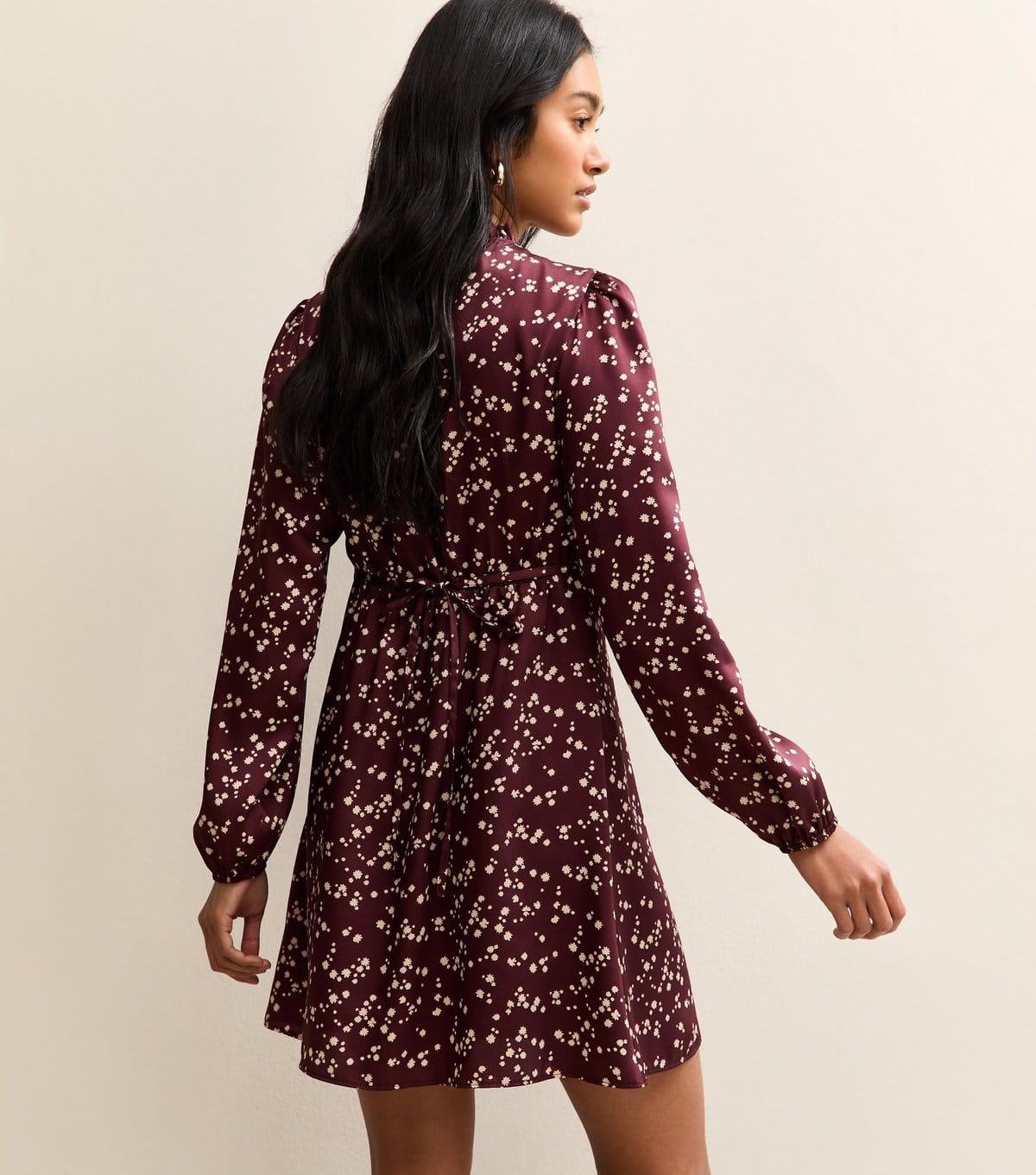 New Look Women's Burgundy Ditsy Speckled Long Sleeve Satin Mini Dress New Look - 4