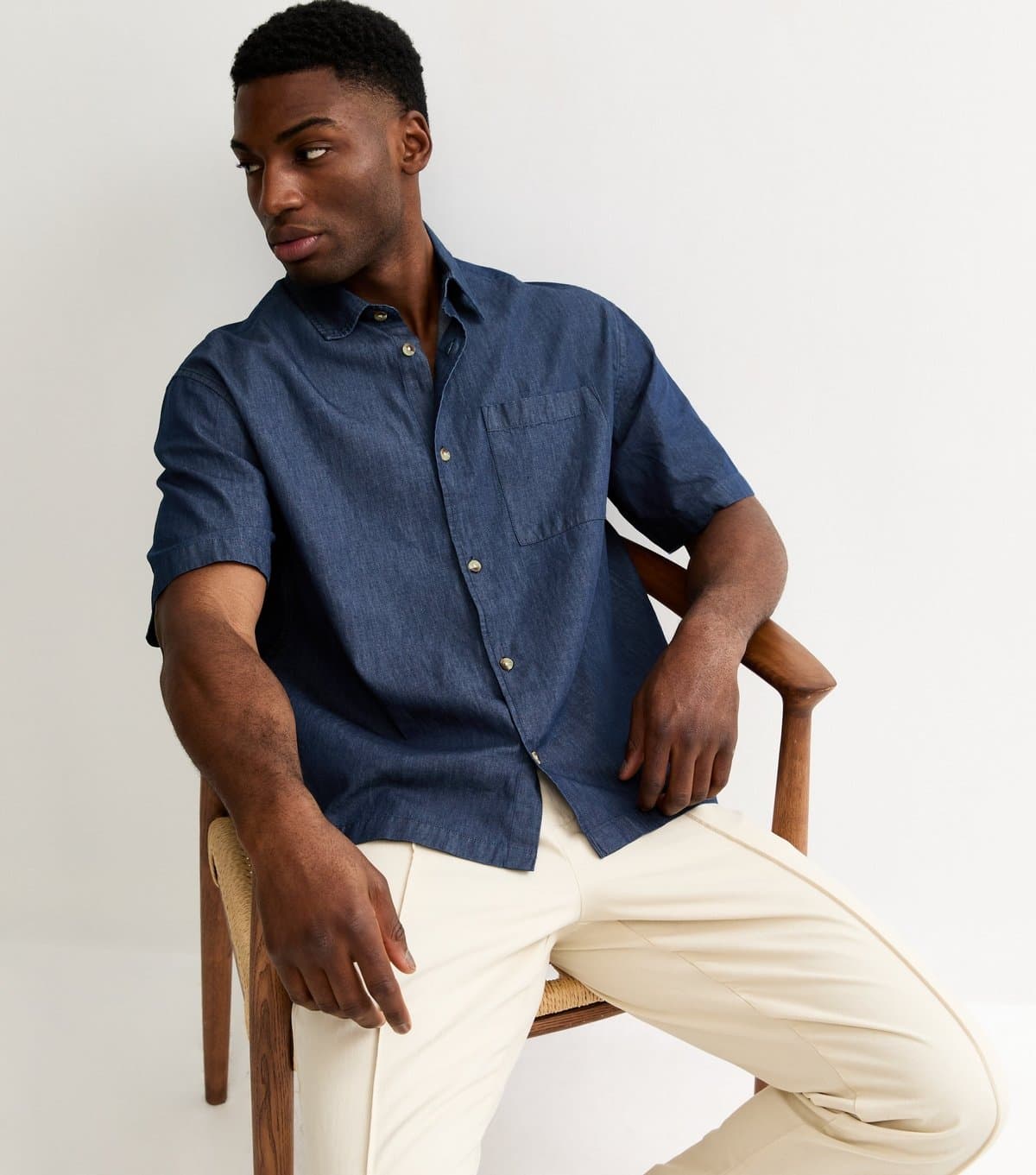 New Look Men's Blue Boxy Denim Short Sleeve Shirt New Look