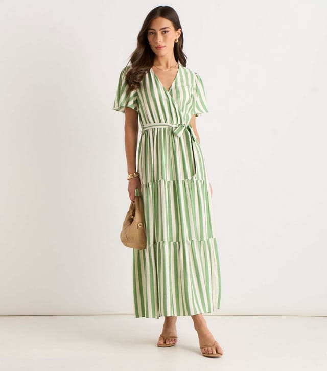 Gini London Women's Light Green Striped Wrap Waist Belted Midi Dress Gini London New Look - 2