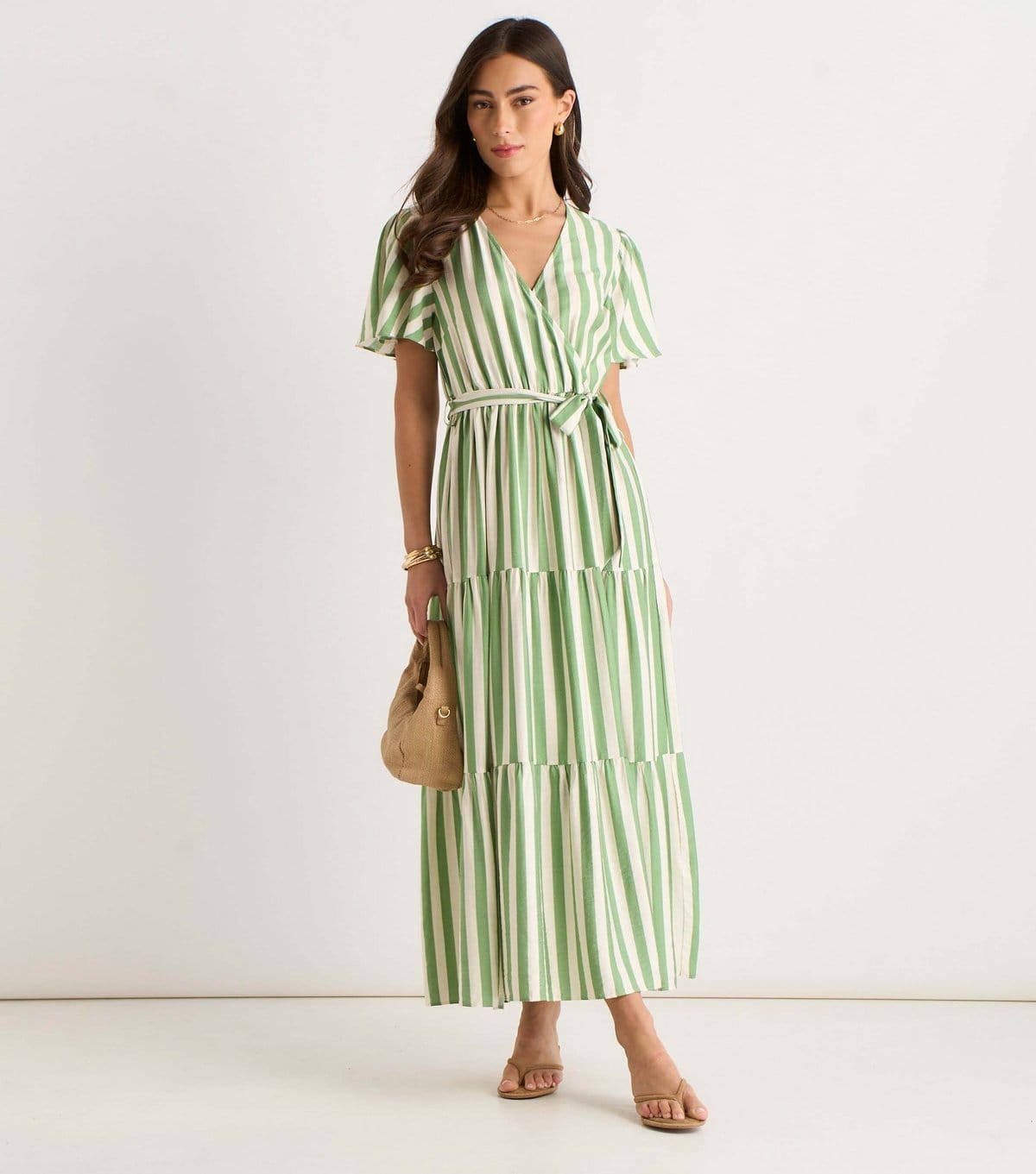Gini London Women's Light Green Striped Wrap Waist Belted Midi Dress Gini London New Look - 4
