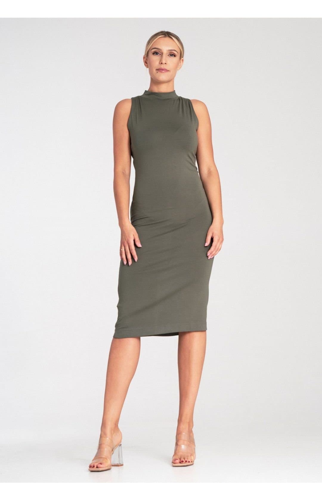 Love Lace Love Lace Women's Fitted Sleeveless Midi Dress With Stand Collar in Green