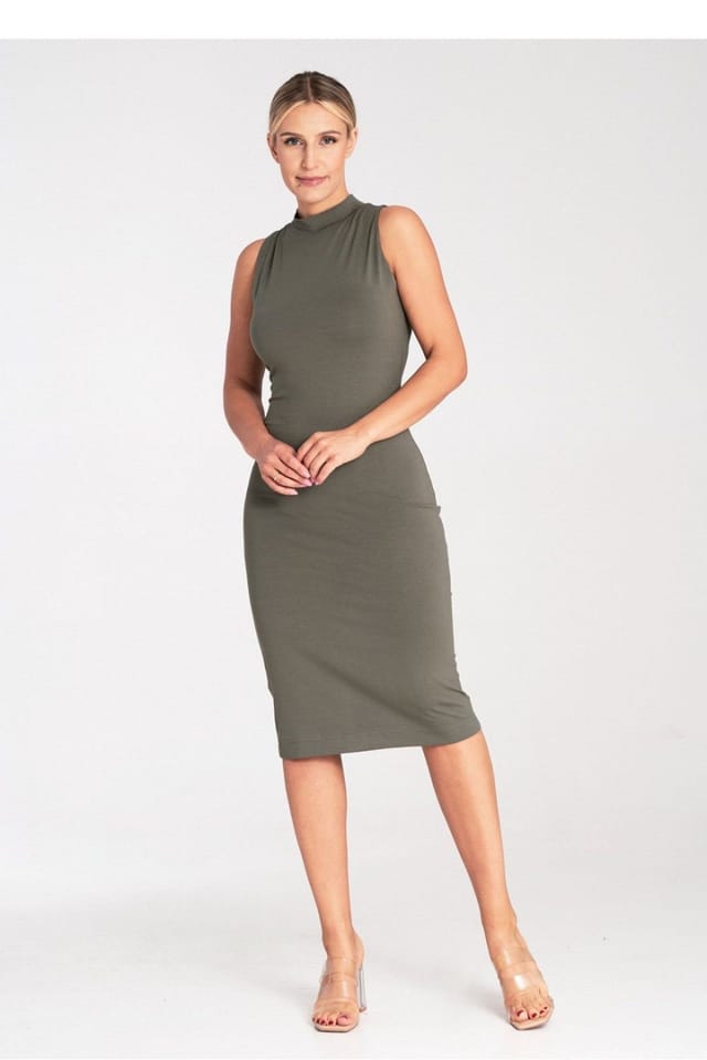 Love Lace Love Lace Women's Fitted Sleeveless Midi Dress With Stand Collar in Green - 2