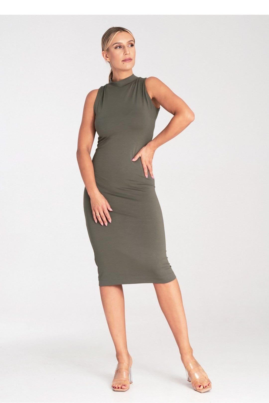 Love Lace Love Lace Women's Fitted Sleeveless Midi Dress With Stand Collar in Green - 4