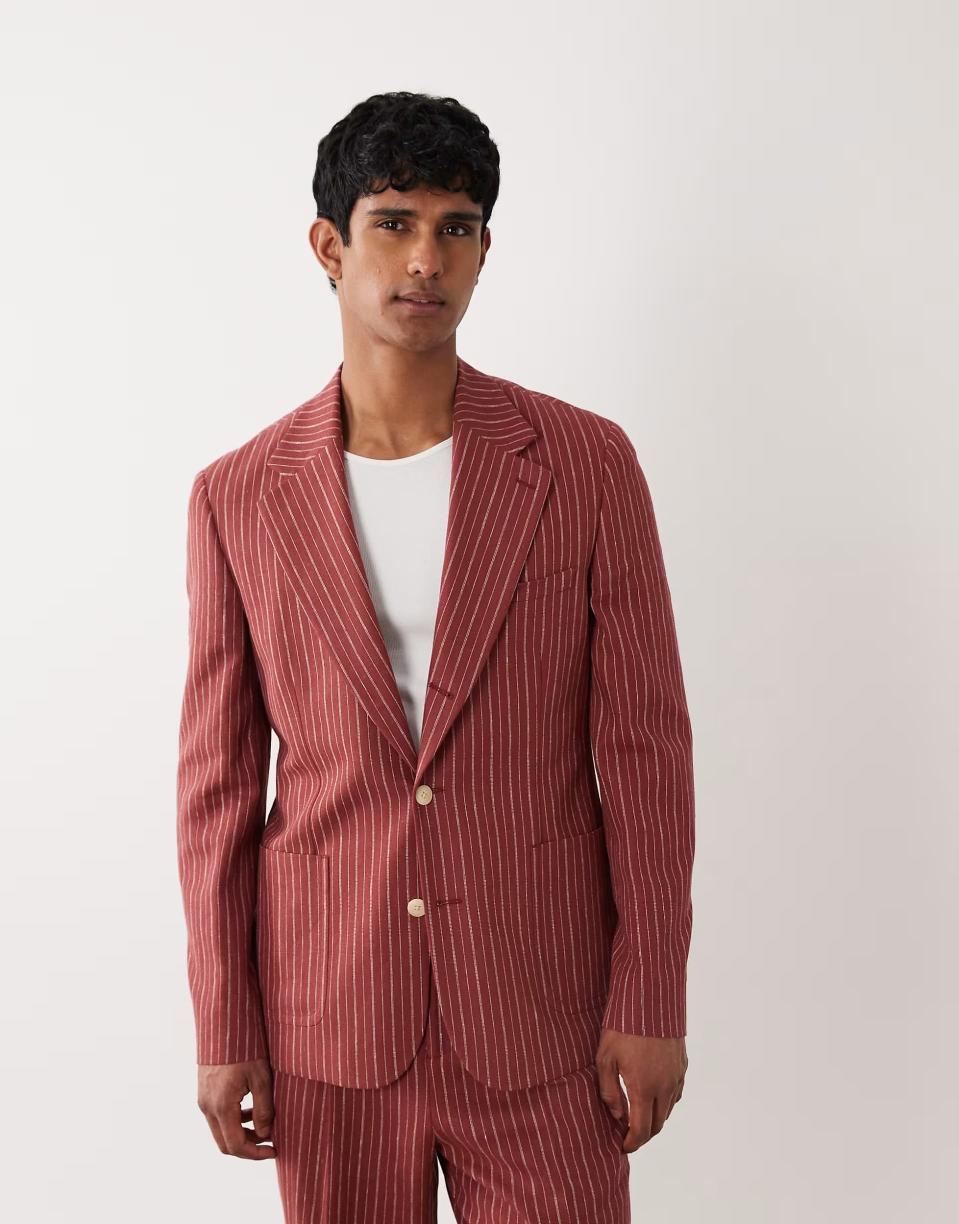 ASOS ASOS DESIGN linen rich slim suit jacket in terracotta stripe