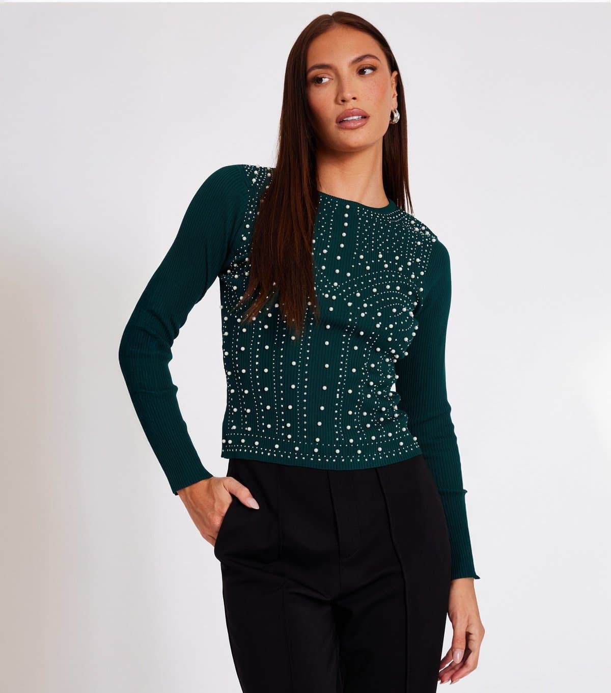 Quiz Women's Green Embellished Long Sleeve Top Quiz New Look