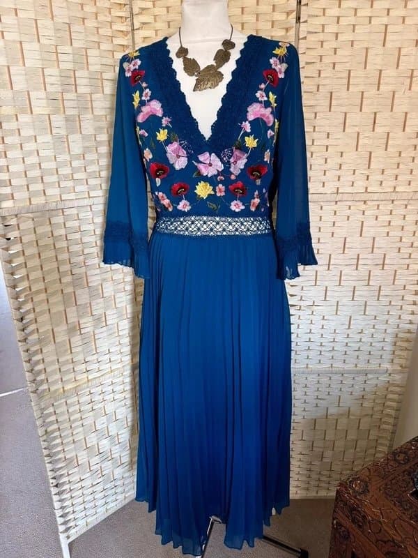 ASOS Design Asos Design lace insert embroidered navy blue pleated dress