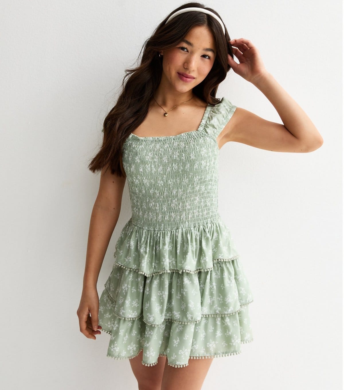 New Look Girls' Green Floral Shirred Rara Mini Dress New Look - 1