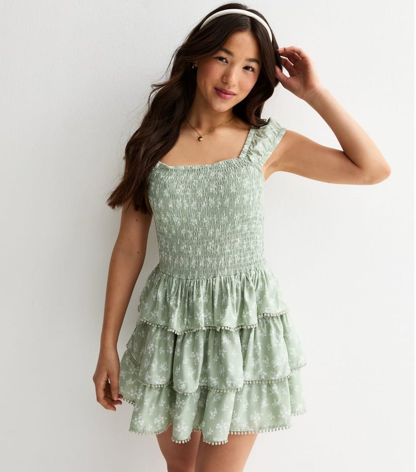 New Look Girls' Green Floral Shirred Rara Mini Dress New Look - 1