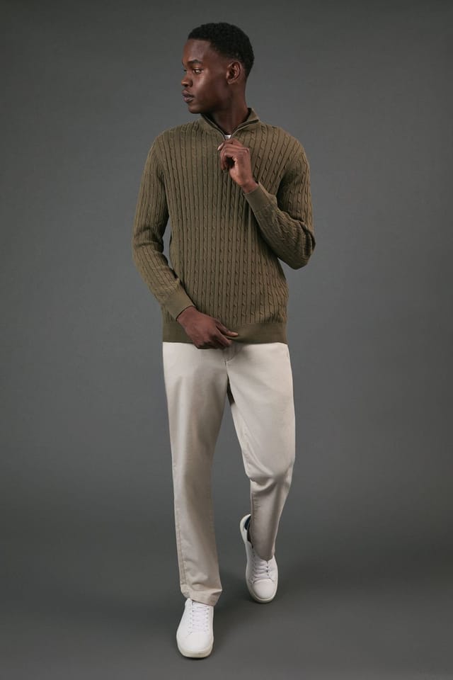 Maine Maine Men's Premium Pure Cotton Cable Half Zip Jumper in Khaki - 2