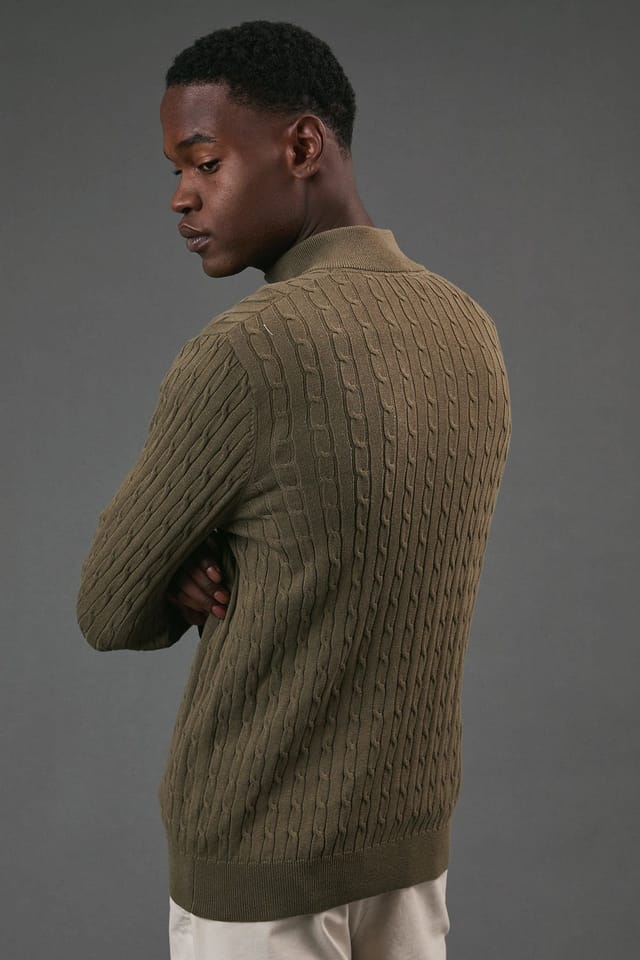 Maine Maine Men's Premium Pure Cotton Cable Half Zip Jumper in Khaki - 3