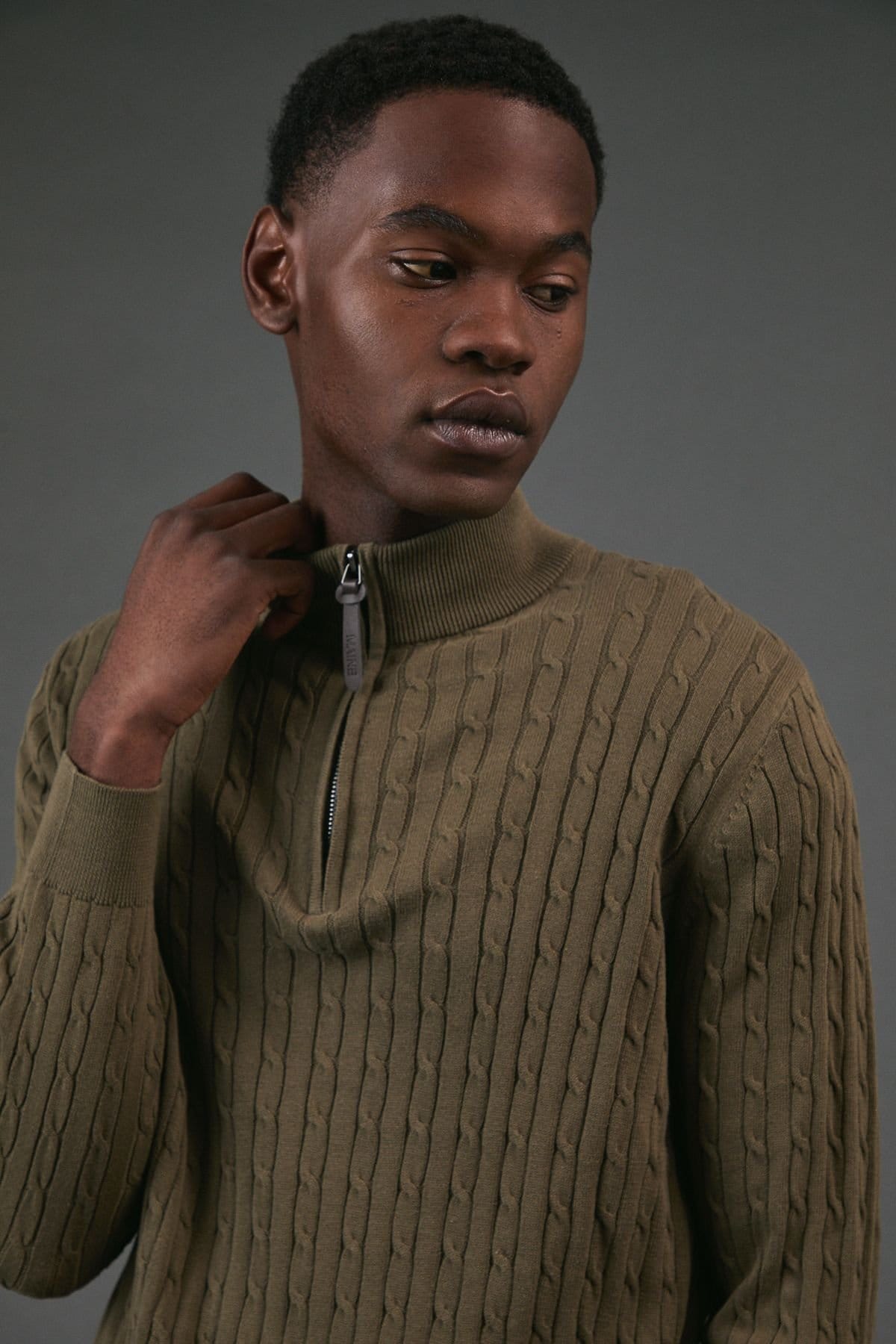 Maine Maine Men's Premium Pure Cotton Cable Half Zip Jumper in Khaki - 4