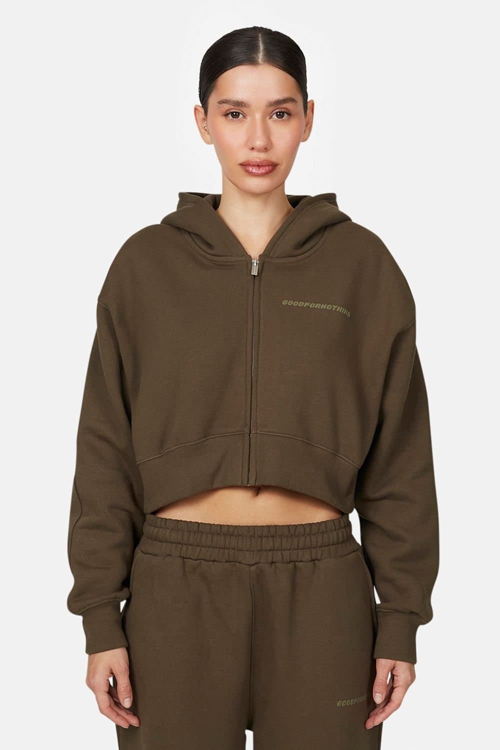 Good For Nothing Good For Nothing Brown Cropped Zip Hoodie