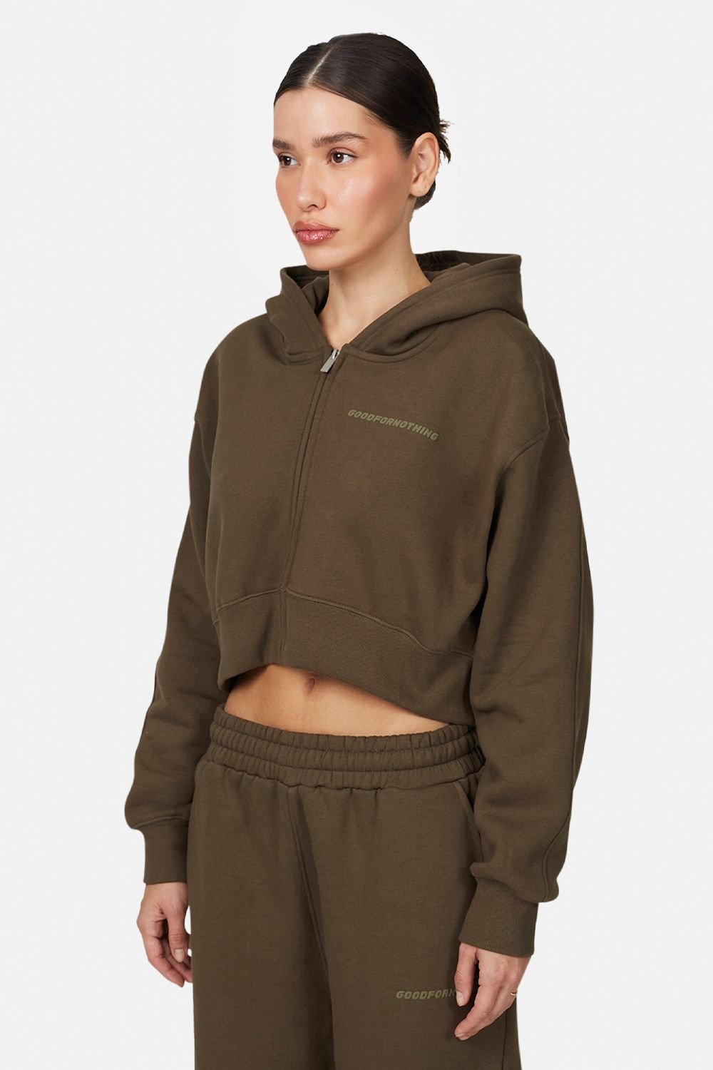 Good For Nothing Good For Nothing Women's Tonal Cropped Zip Hoodie in Brown - 4