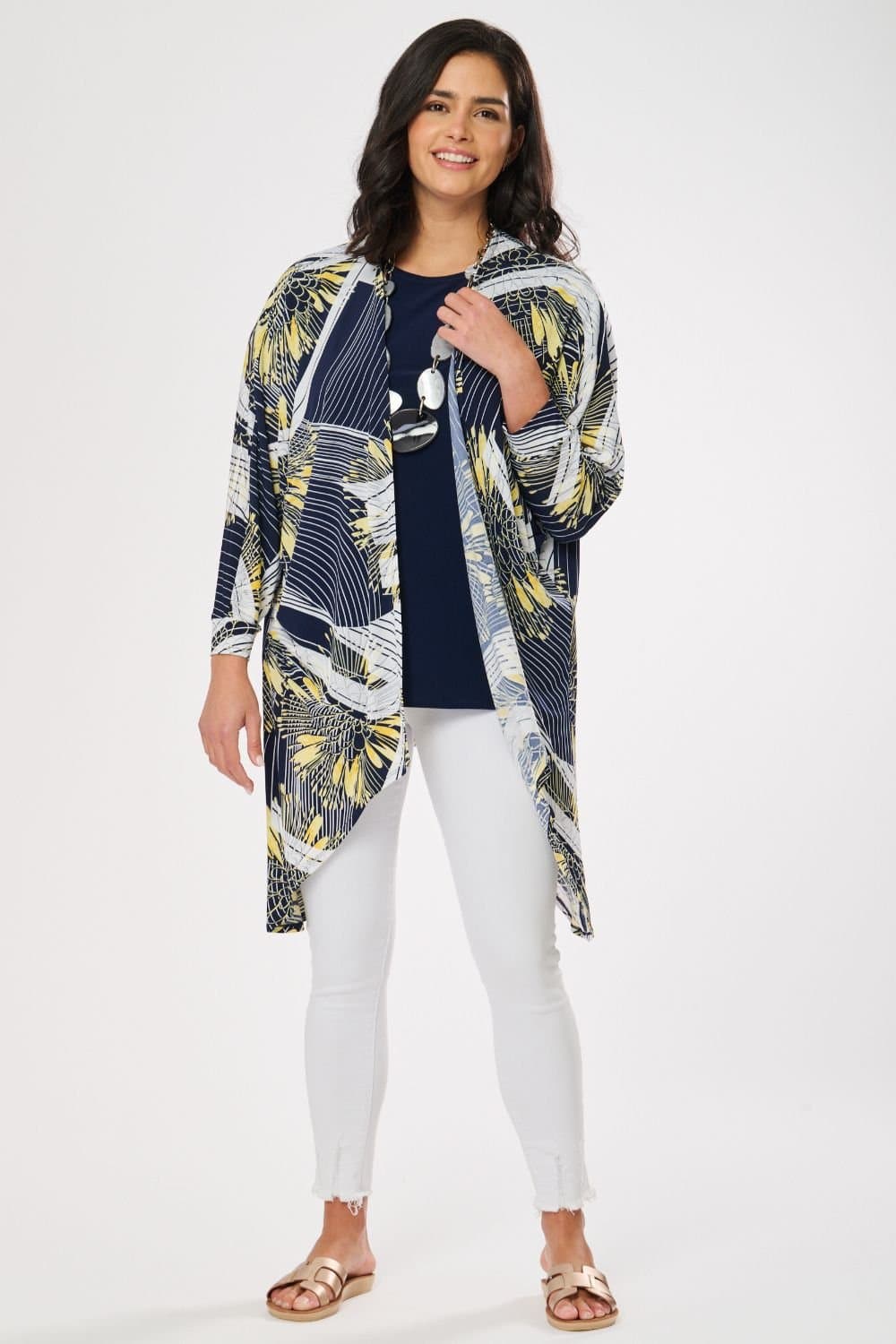 Saloos Saloos Women's Print Cardigan & Plain Top Set in Yellow