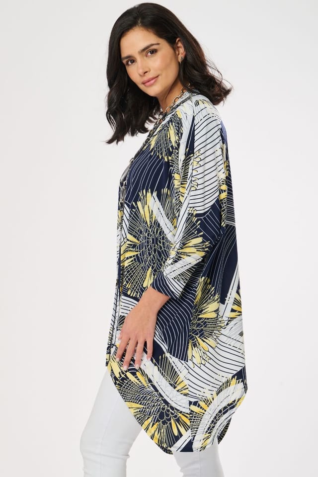 Saloos Saloos Women's Print Cardigan & Plain Top Set with Necklace in Yellow - 2