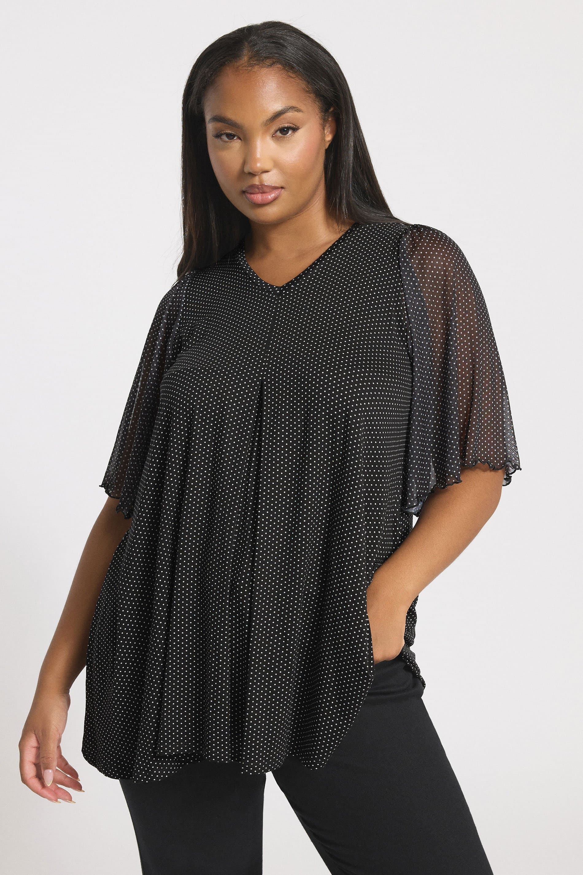 Yours Plus Size Black Polka Dot Mesh Sleeve Top