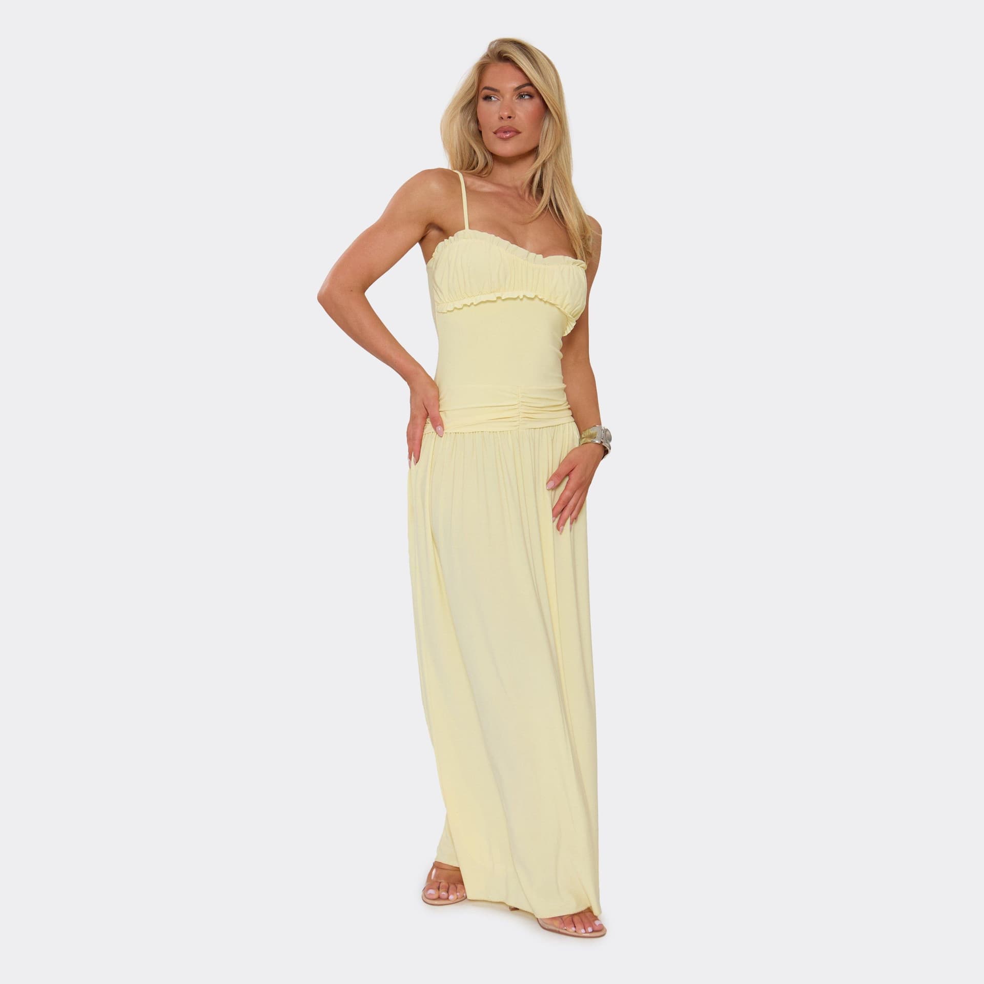 EGO Strappy Ruched Detail Maxi Dress In Lemon, Women's Size UK 8