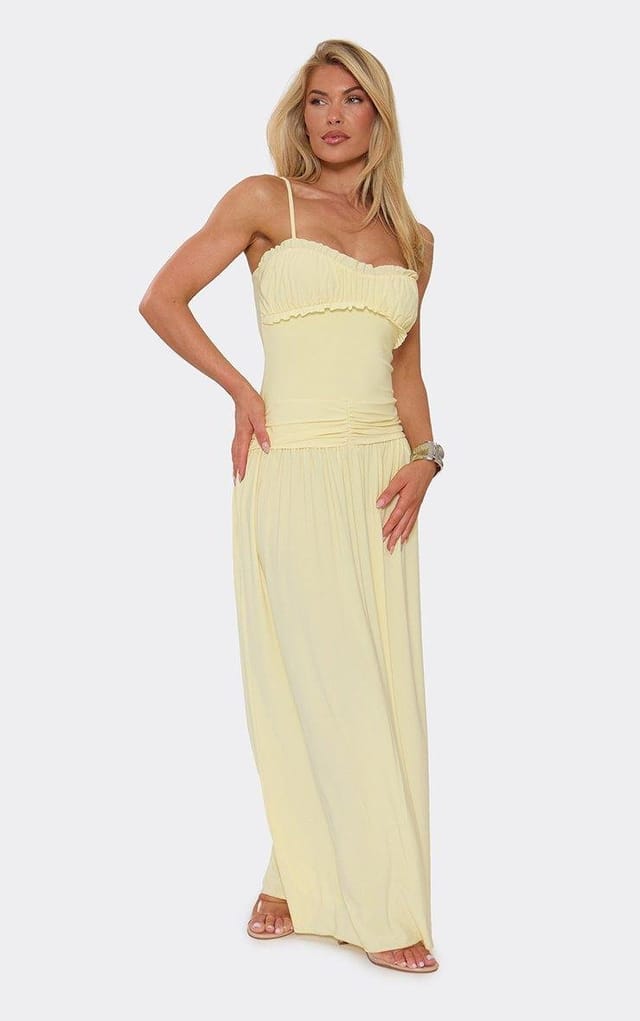 EGO Strappy Ruched Detail Maxi Dress In Lemon, Women's Size UK 8 - 2