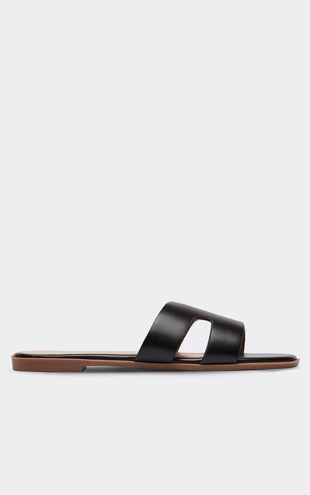 EGO Simone Cut Out Flat Slider Sandal In Black Faux Leather, Women's Size UK 3 - 2