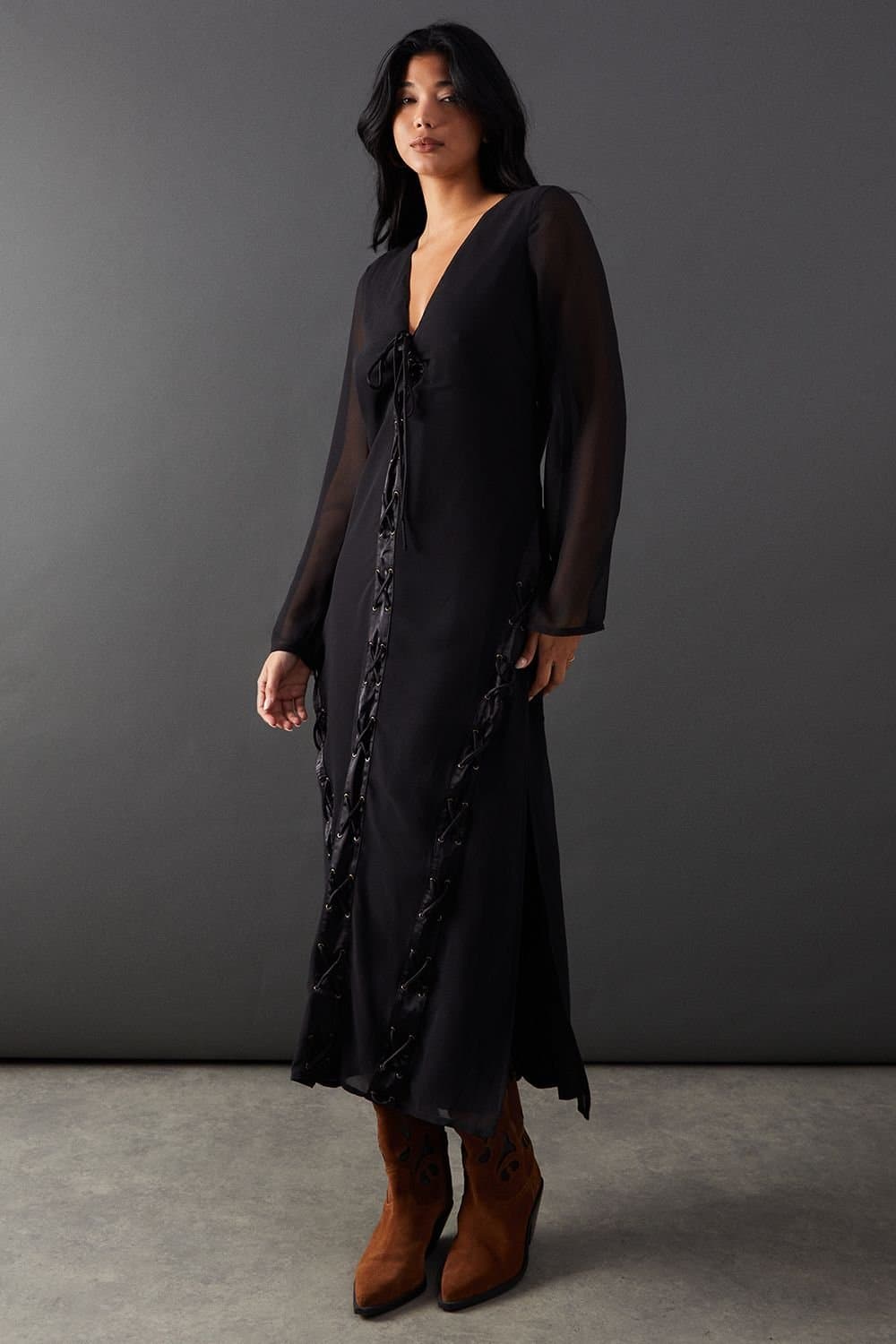 Warehouse Warehouse Black Chiffon Lace-Up Midi Dress