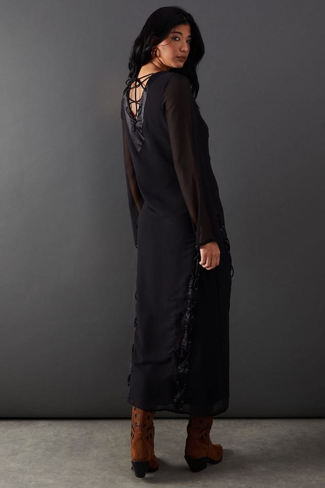 Warehouse Warehouse Women's Chiffon Lace Up Panelling Midi Dress in Black - 3
