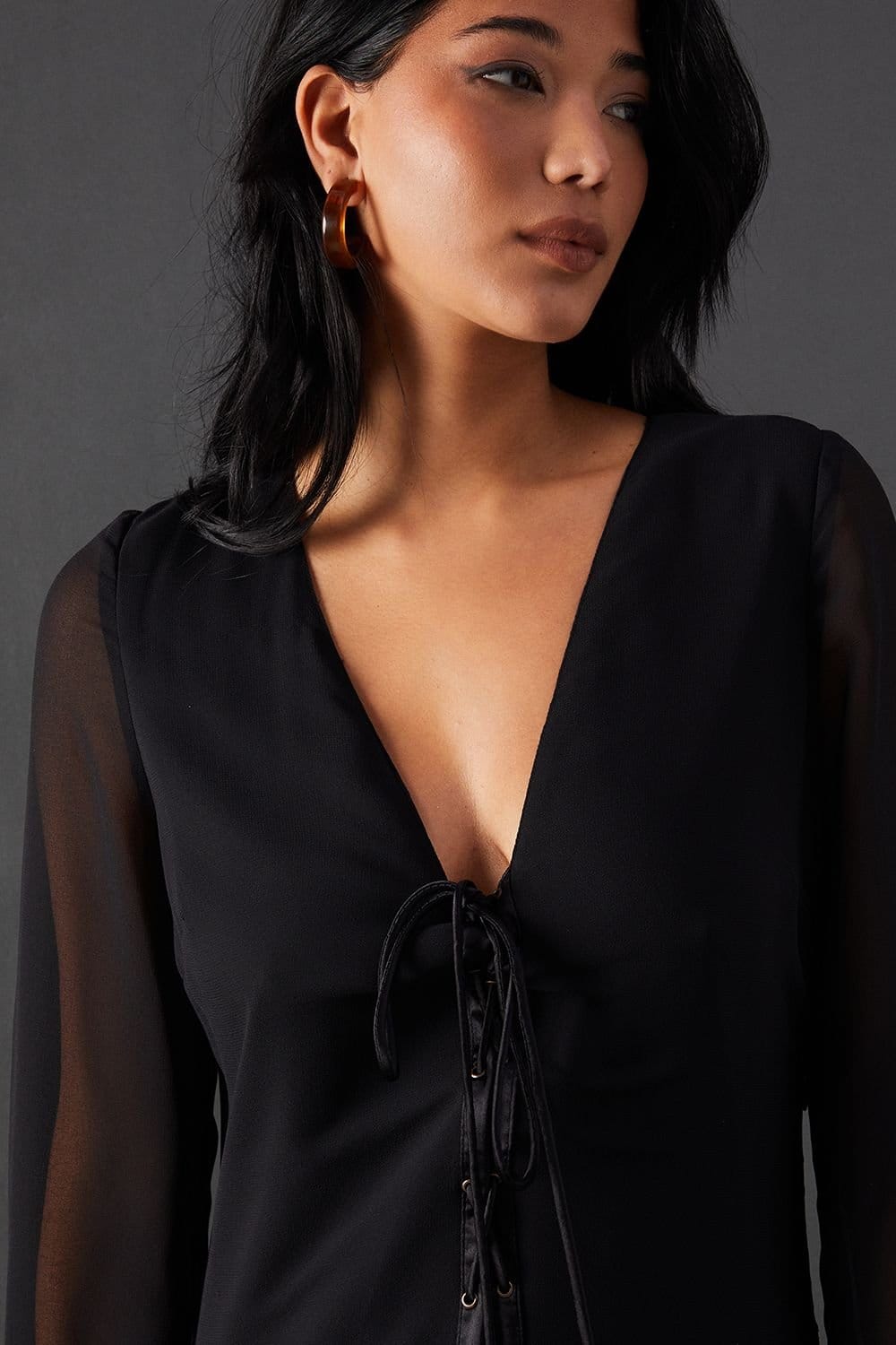 Warehouse Warehouse Women's Chiffon Lace Up Panelling Midi Dress in Black - 4