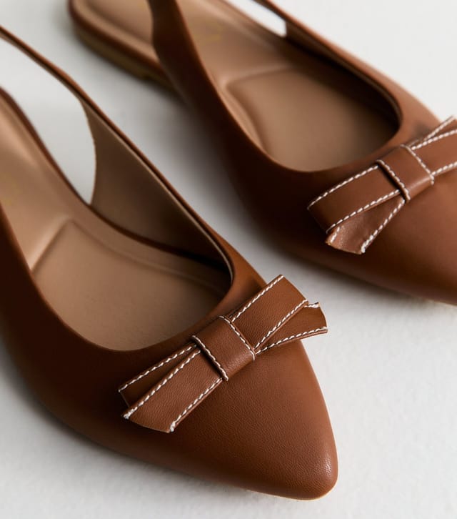 New Look Women's Wide Fit Tan Faux Leather Bow Front Slingback Flats New Look - 3