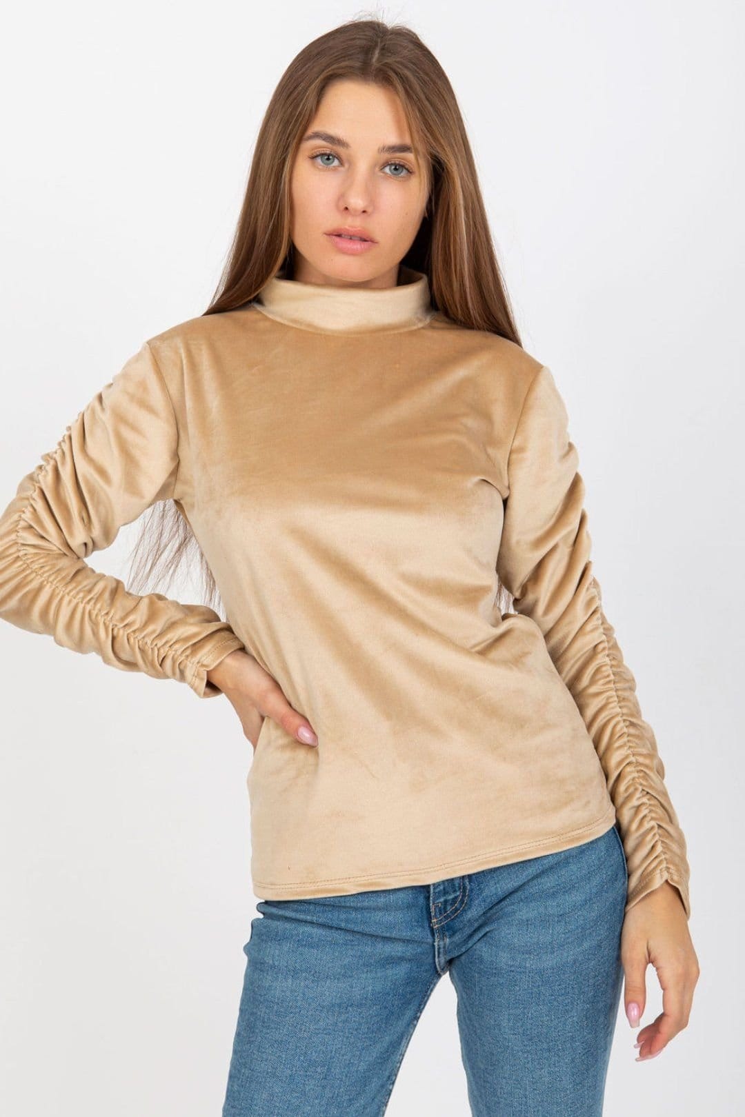Love Lace Love Lace Women's Velour Long Sleeve Creased Stand Collar Blouse in Beige - 1