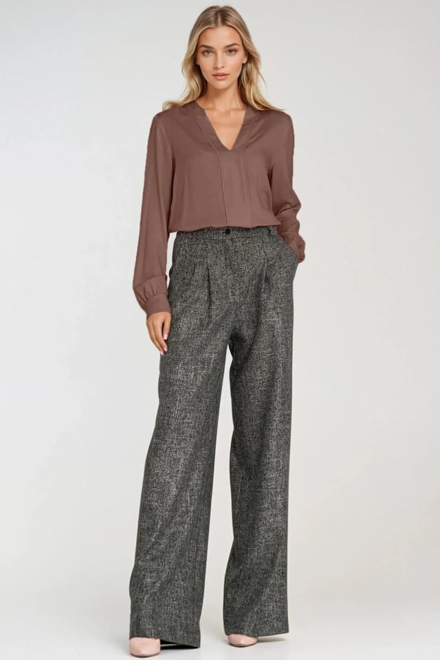 Love Lace Love Lace Women's Classic V Neck Viscose Pleat Blouse with Cuffs in Brown - 2
