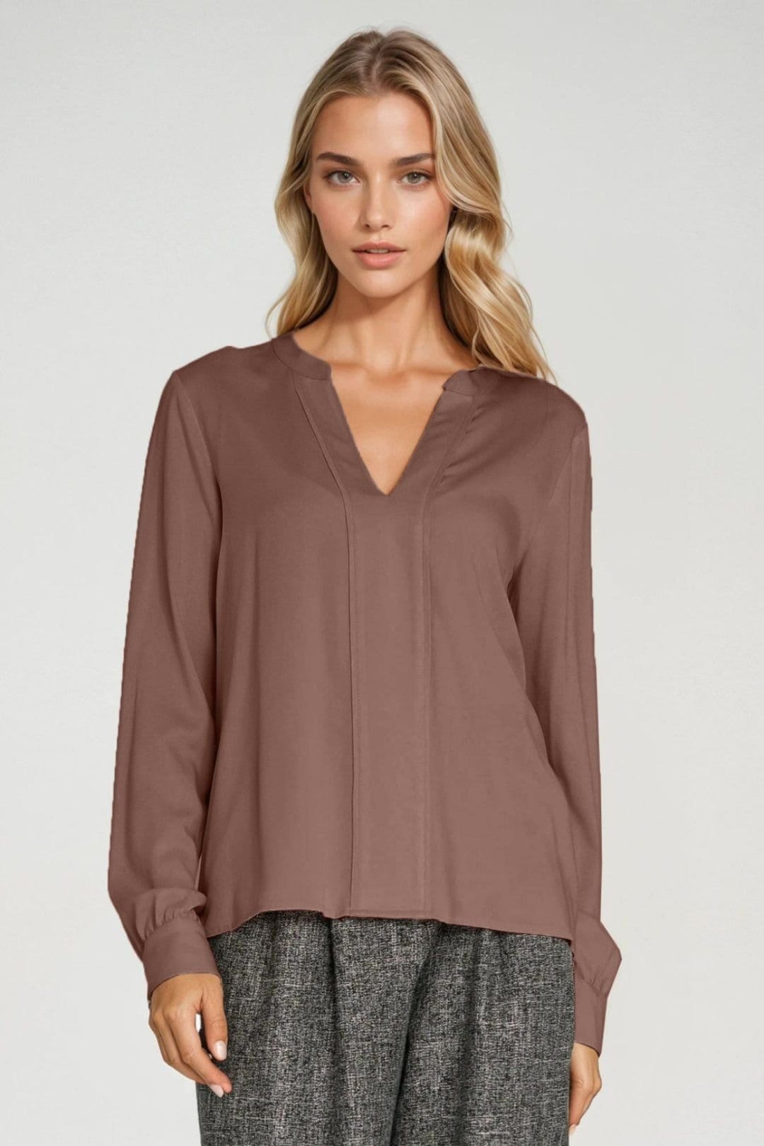 Love Lace Love Lace Women's Classic V Neck Viscose Pleat Blouse with Cuffs in Brown - 4