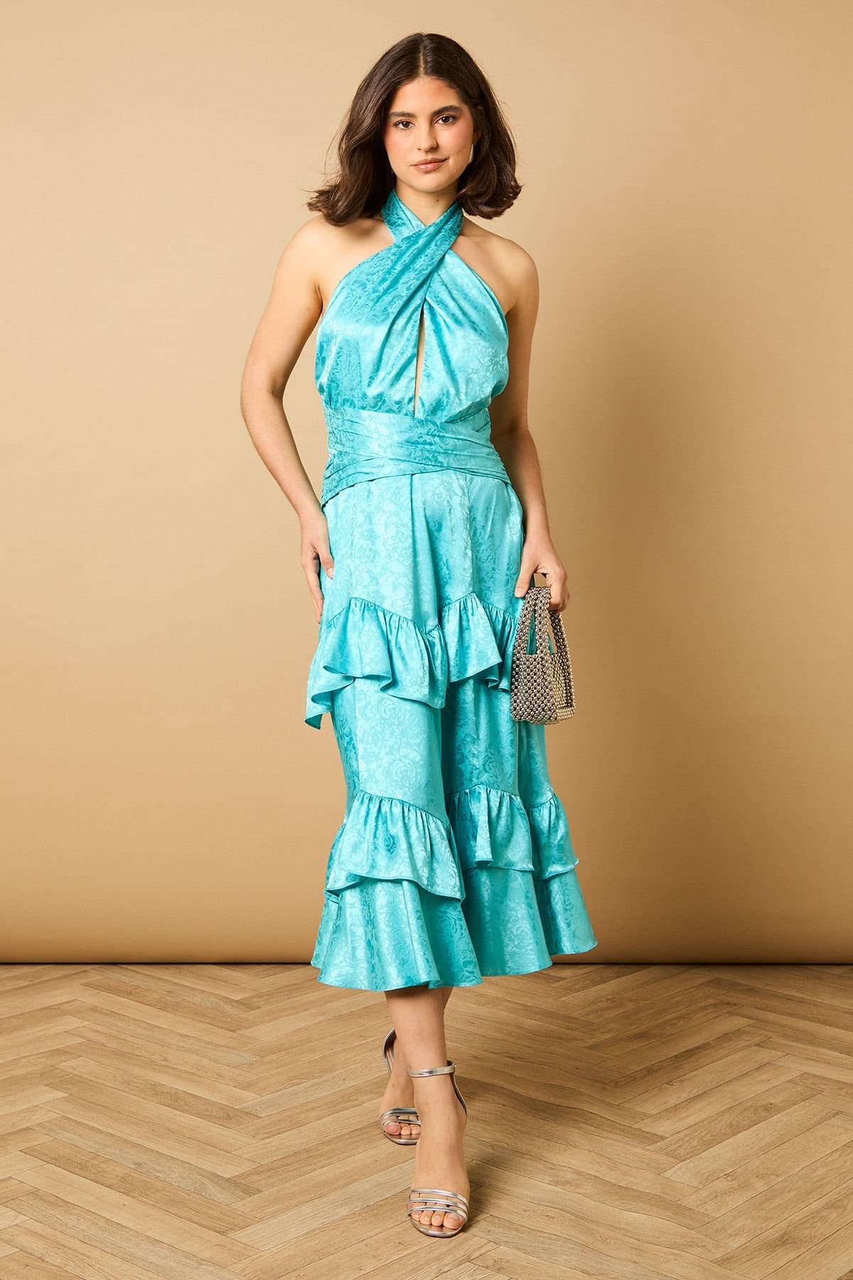 Oasis Oasis Women's Halterneck Satin Jacquard Midi Dress in Aqua