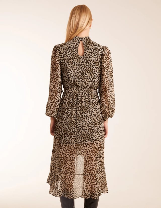 Blue Vanilla Leopard Print High Neck Wrap Frill Hem Midi Dress - 3