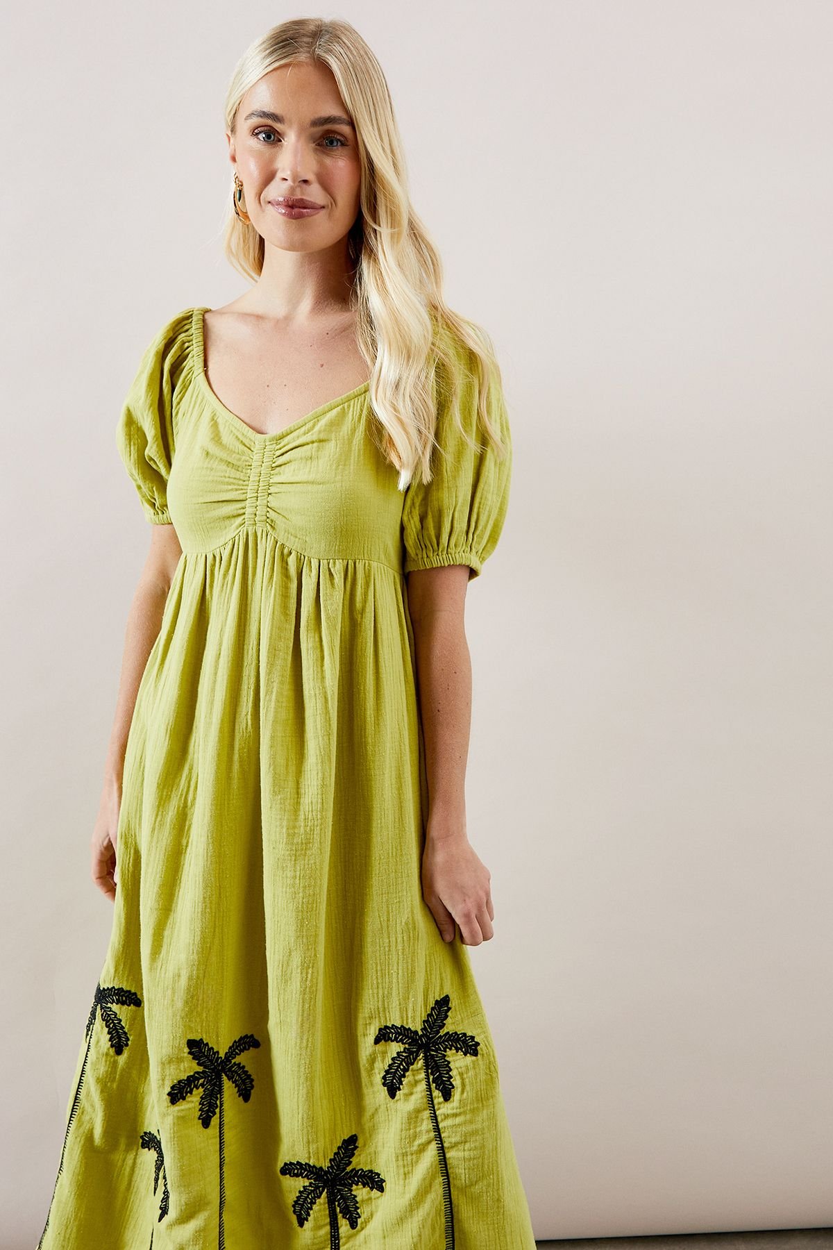 Wallis Wallis Women's Petite Palm Embroidered Textured Midi Dress in Olive - 2