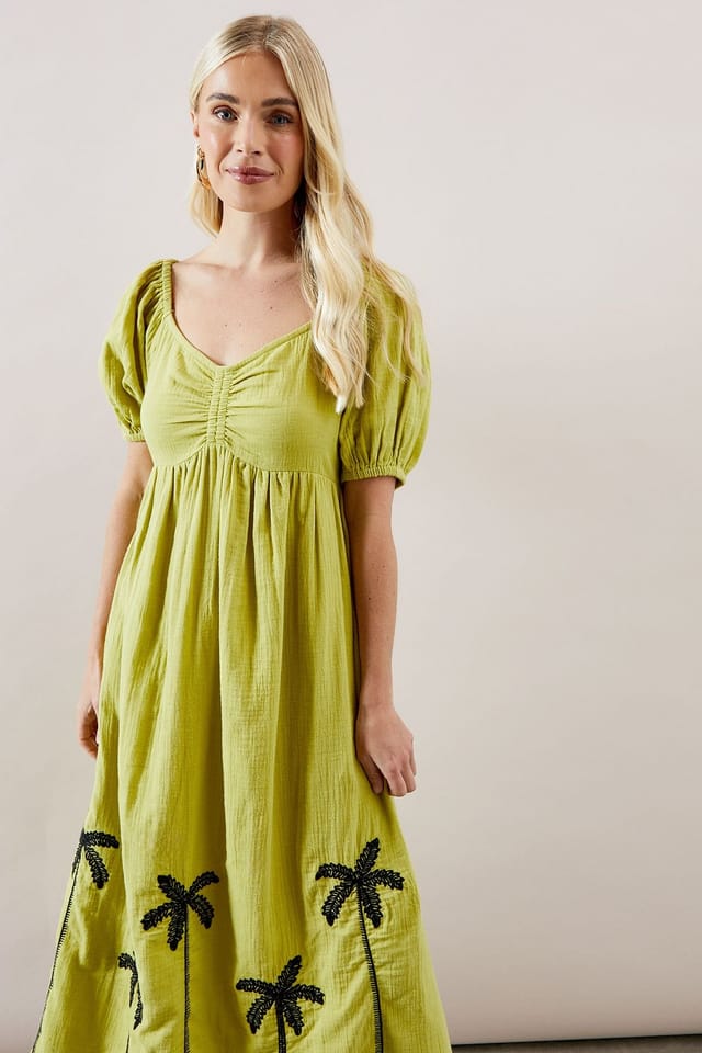 Wallis Wallis Women's Petite Palm Embroidered Textured Midi Dress in Olive - 2