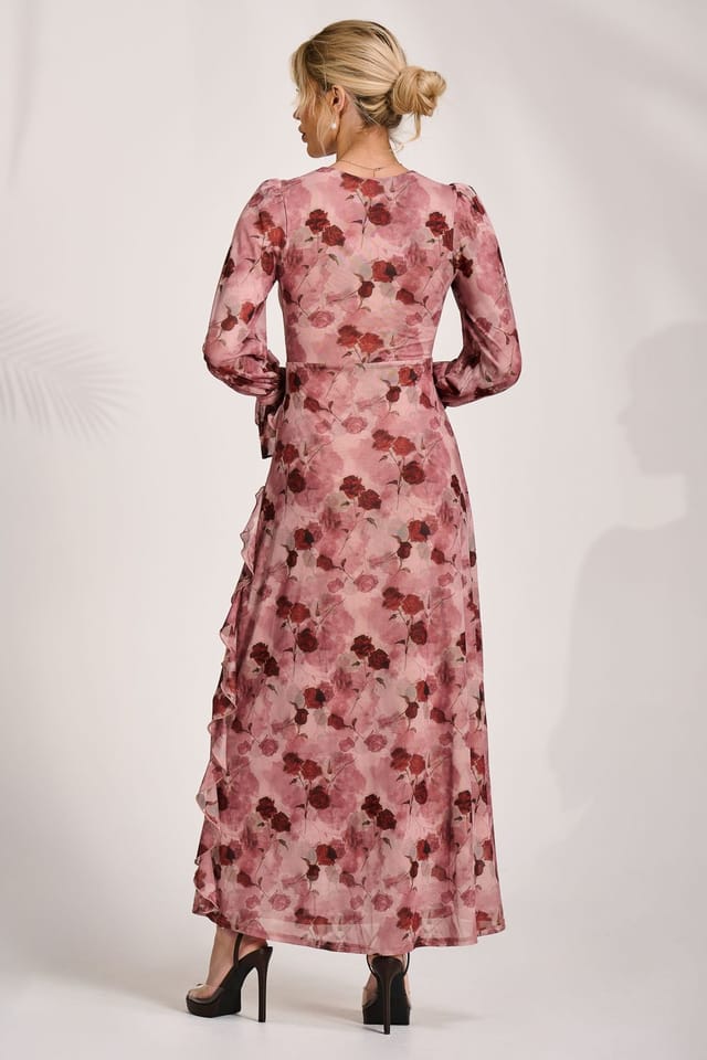 Jolie Moi Jolie Moi Women's Long Sleeve Ruffle Mesh Maxi Dress in Pink - 2