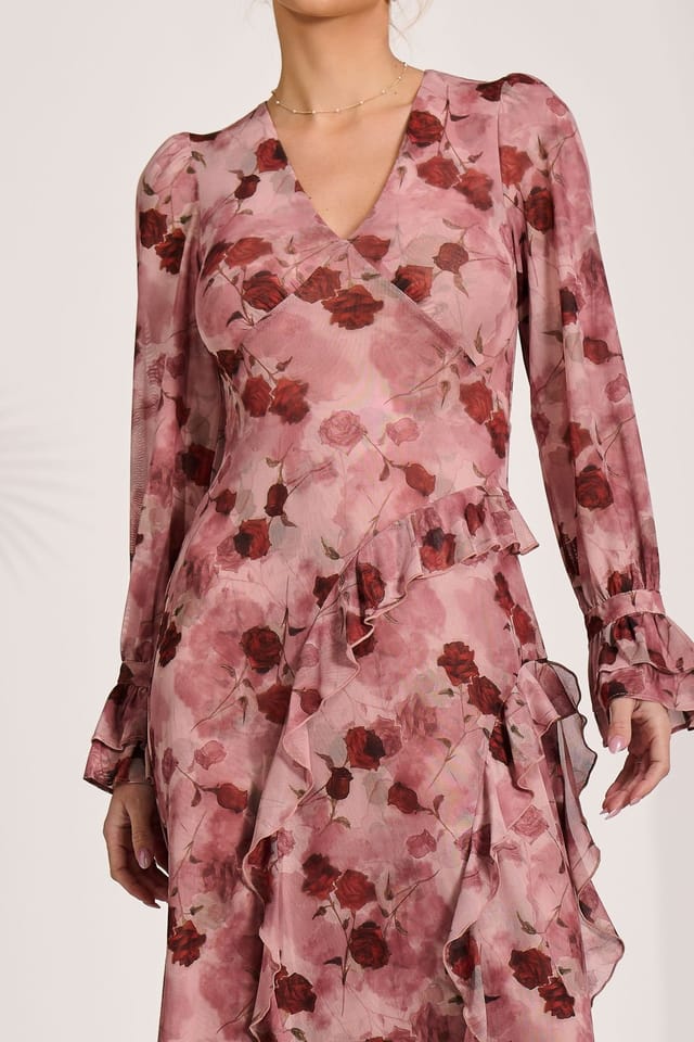 Jolie Moi Jolie Moi Women's Long Sleeve Ruffle Mesh Maxi Dress in Pink - 3