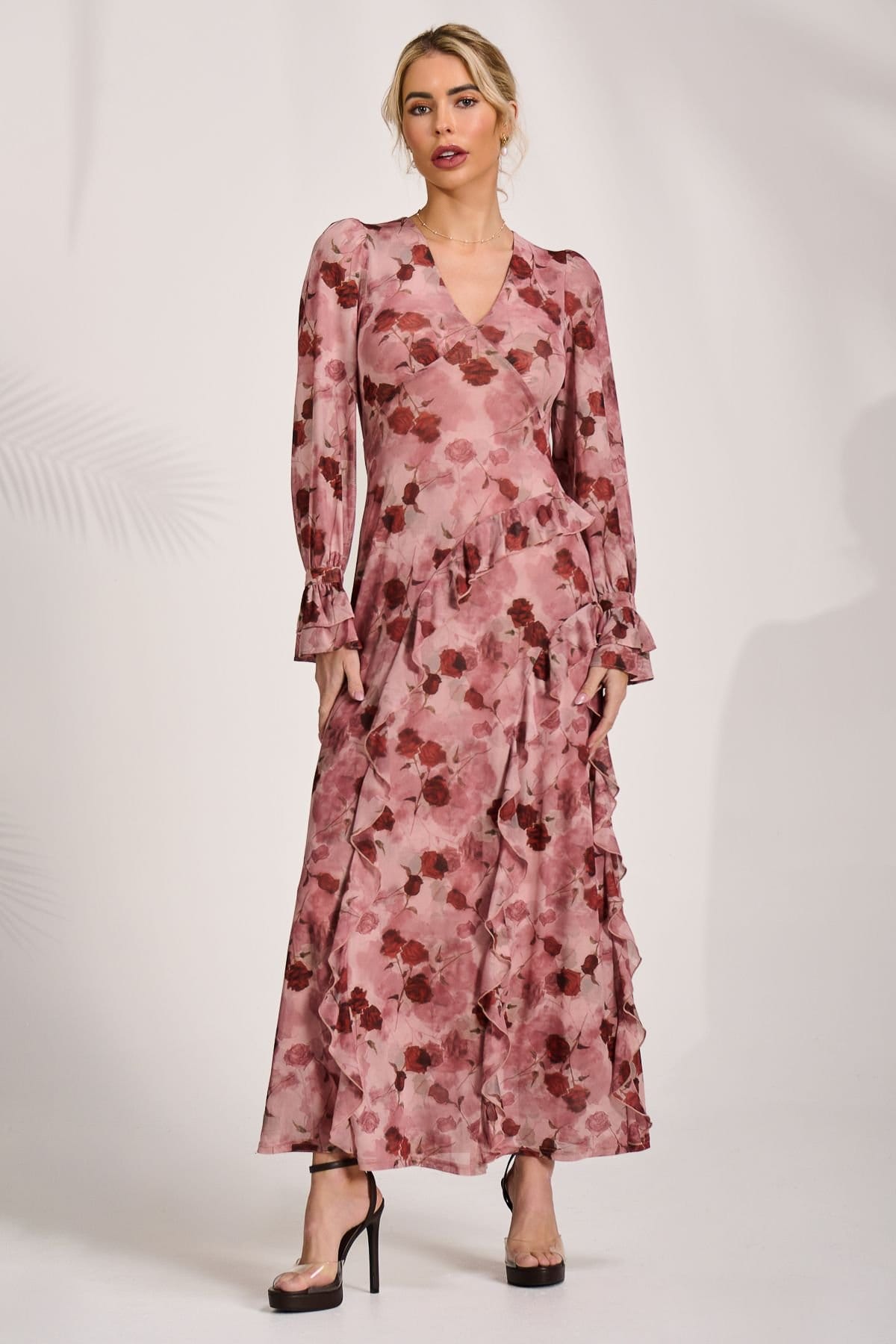 Jolie Moi Jolie Moi Women's Long Sleeve Ruffle Mesh Maxi Dress in Pink - 4