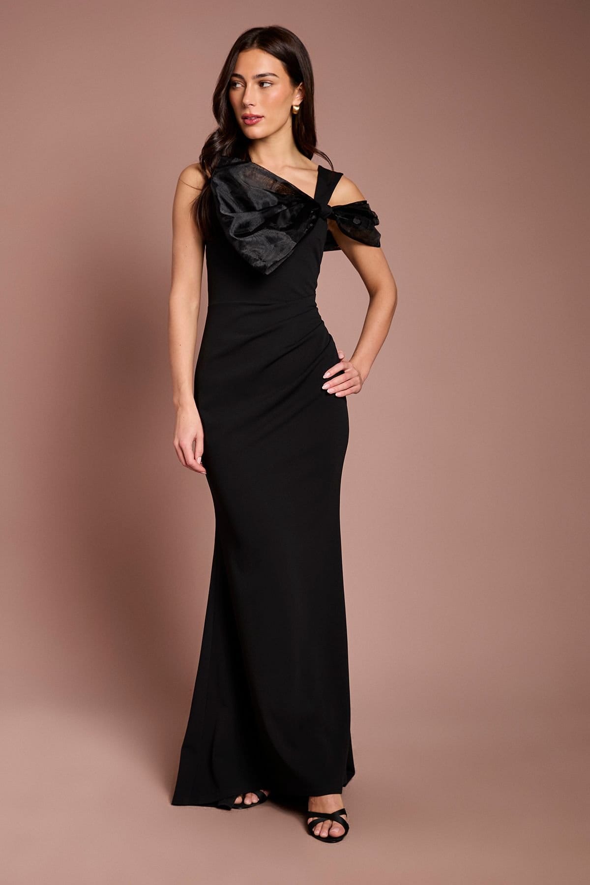 Coast Black Organza Bow One Shoulder Scuba Crepe Maxi Dress