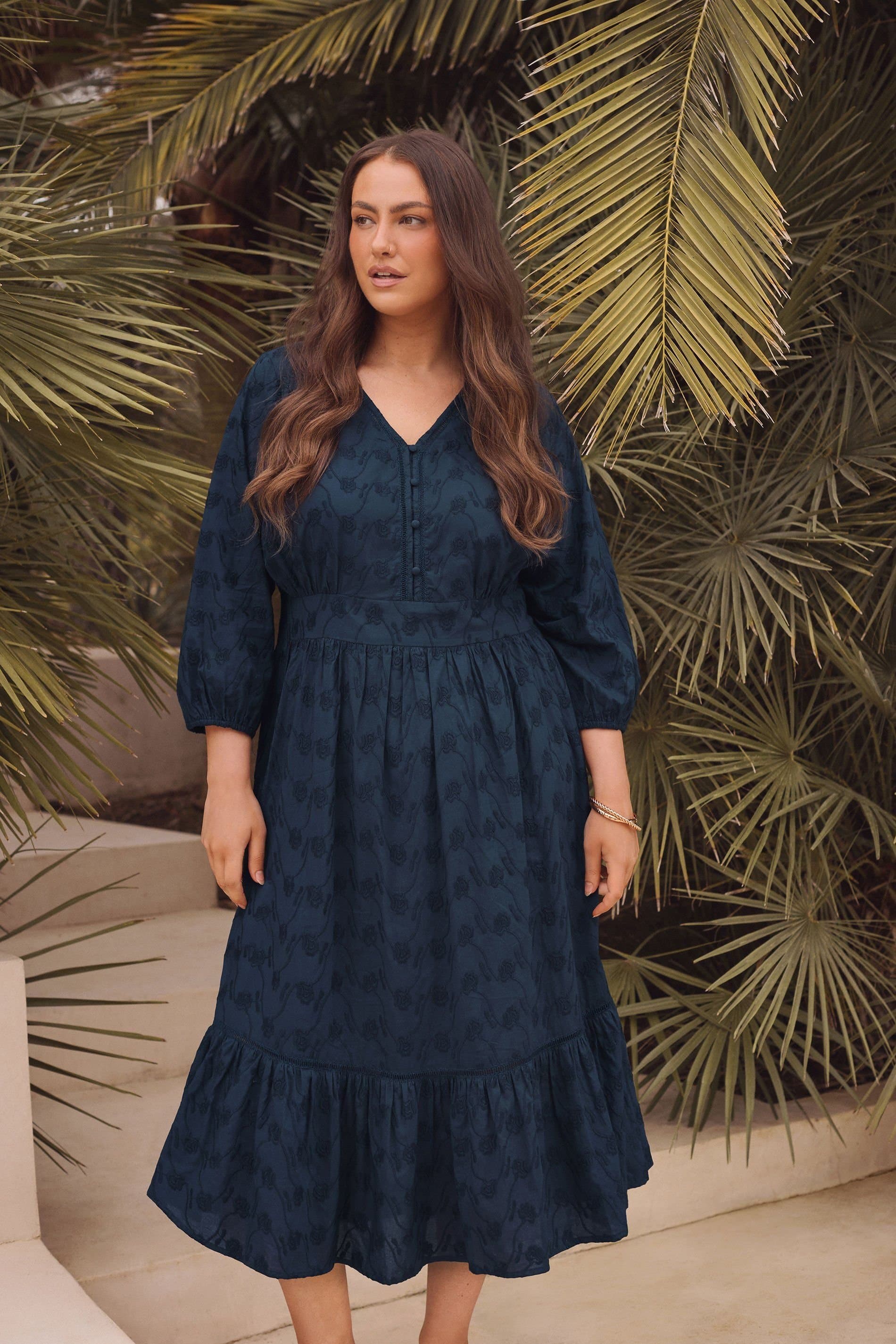 Evans Evans Women's Embroidered Tiered Midi Dress in Dark Navy