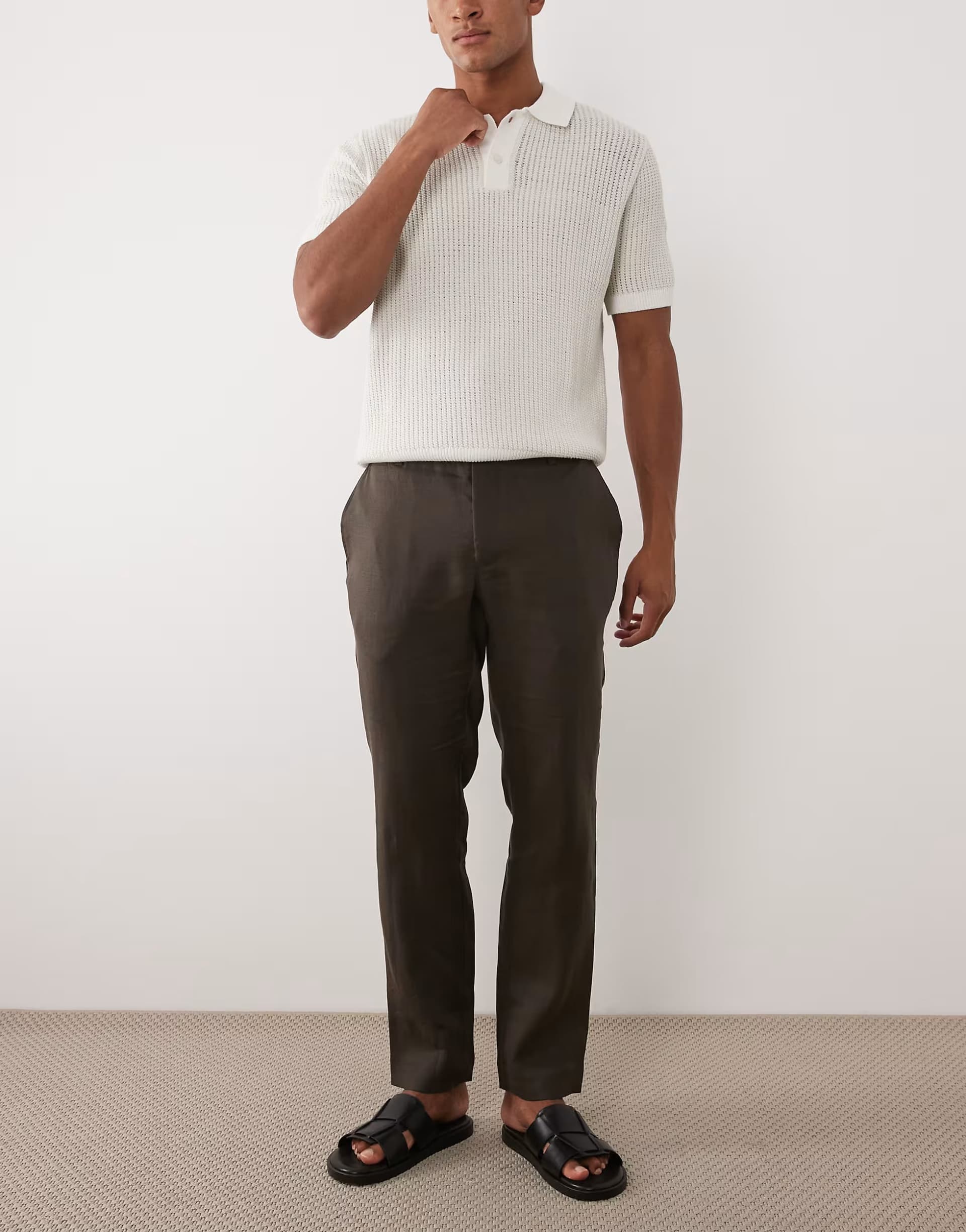 ASOS Mango 100% linen straight fit trousers in dark brown