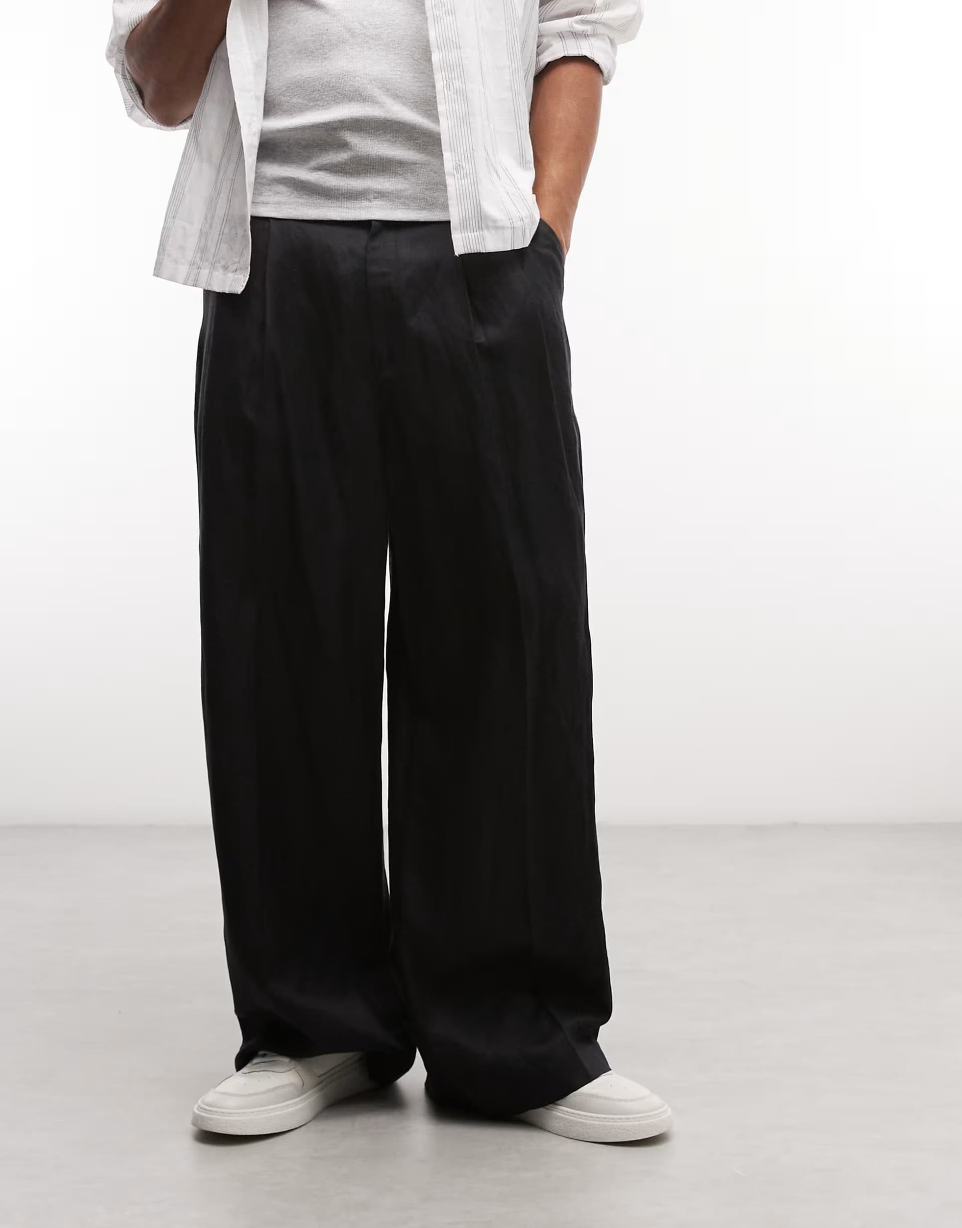 ASOS Weekday linen wide leg tailored trousers with front pleats in black